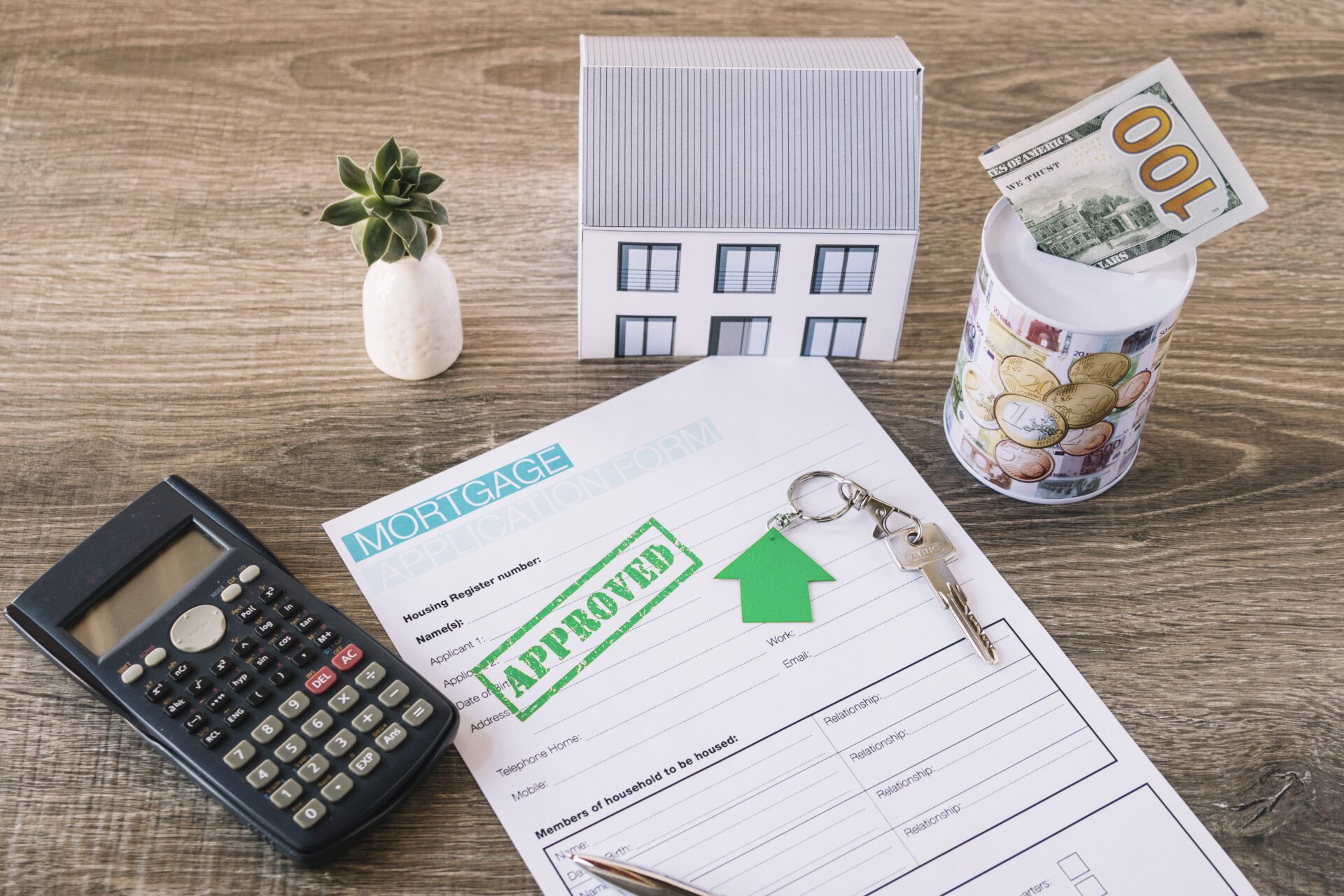table-desk-with-credit-approved-request Young couple going through their finances while paying bills at home.